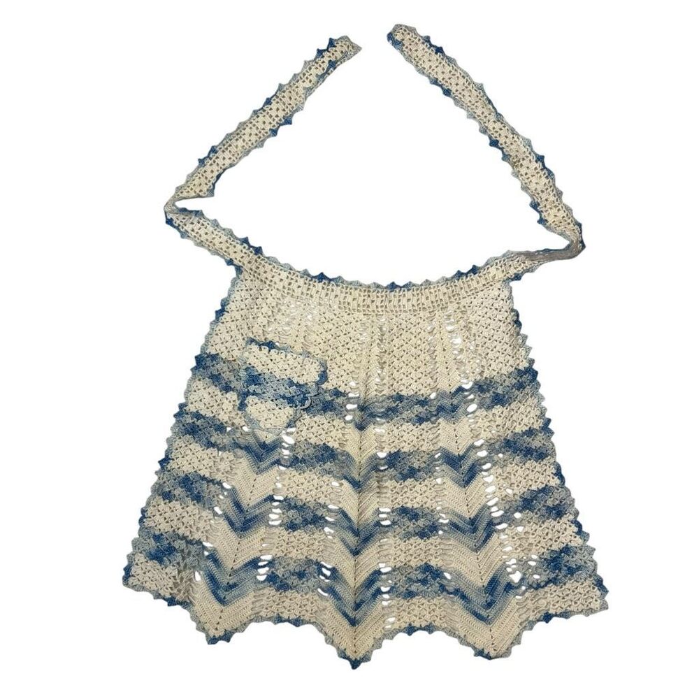 Vintage Handmade Crochet Apron With Small Pocket Blue White Straps Approx 48”